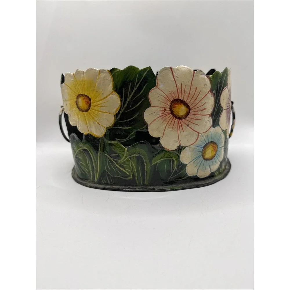 Vintage Painted‎ Black Metal Toleware Scalloped Floral Planter 7
